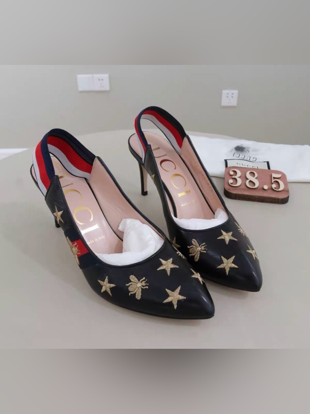 🚩steal Gucci Black Embroidered Slingback Pumps